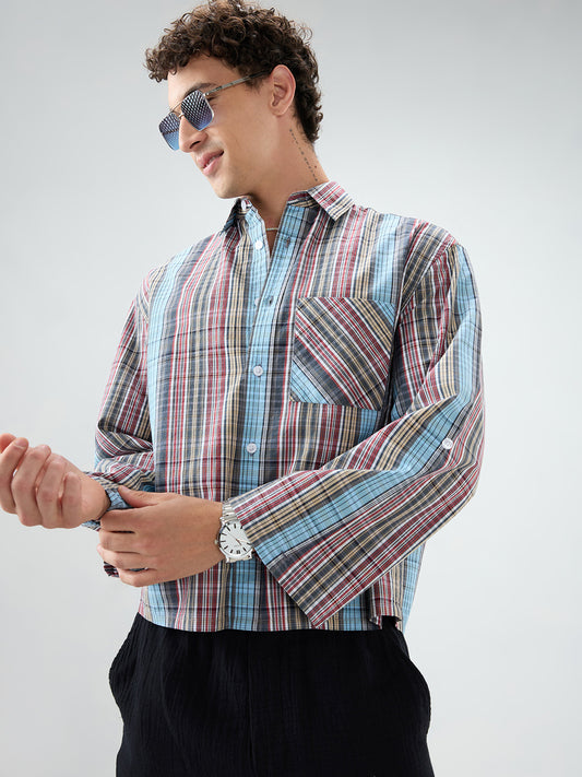 Multi Stripe Fusion Checks Cuffless Oversized Crop Shirt