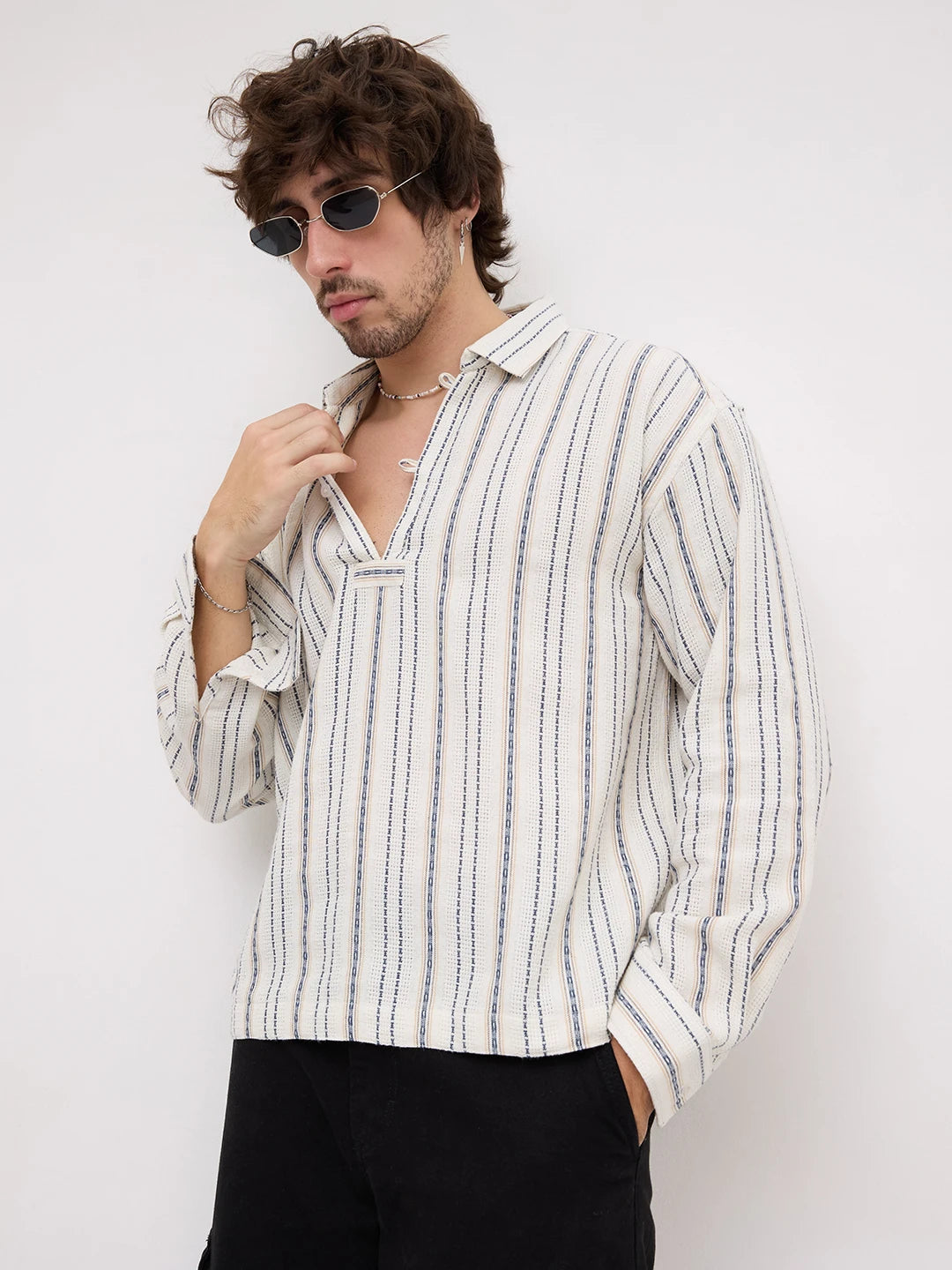 Premium Ivory Nomad Striped Threadwork Loop Button Oversized Shirt