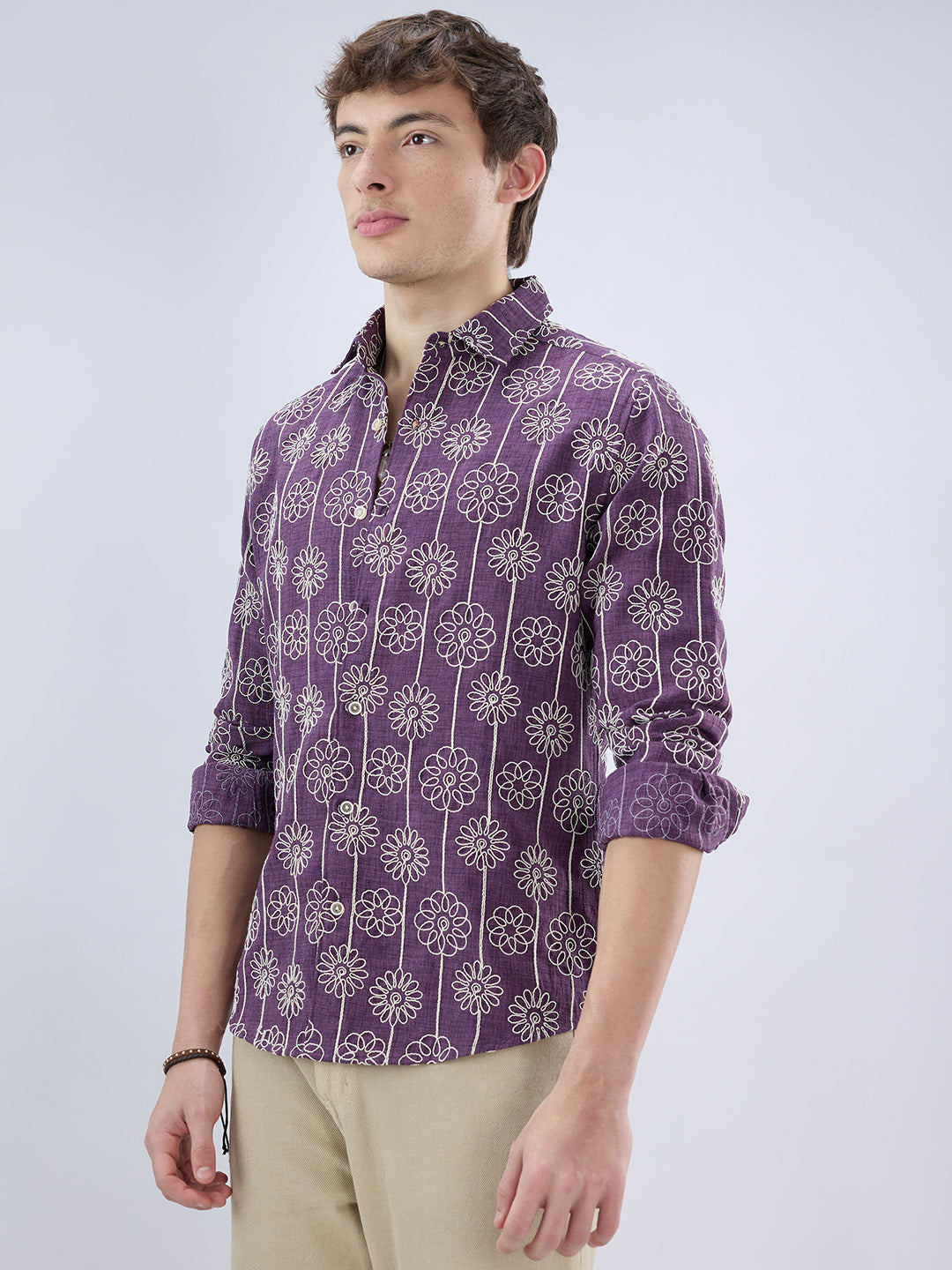 Aubergine Floral Embroidered Slub Shirt