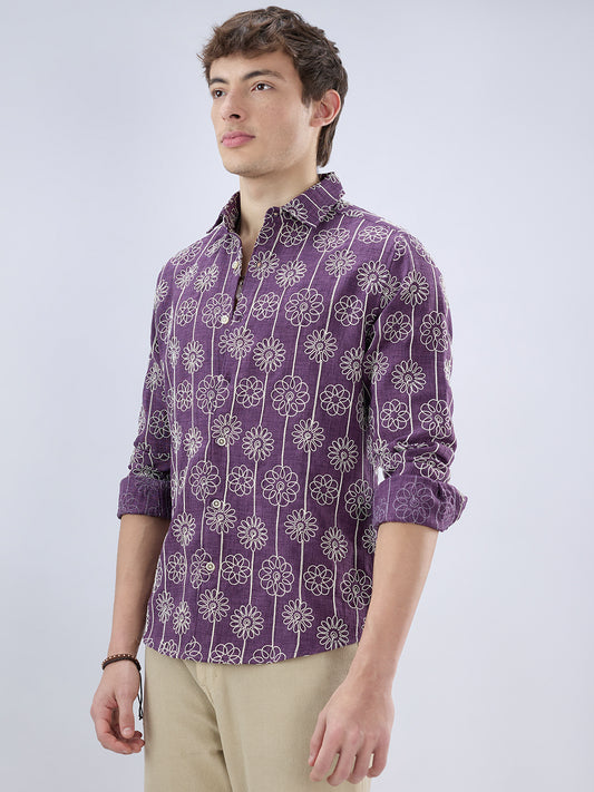 Aubergine Floral Embroidered Slub Shirt