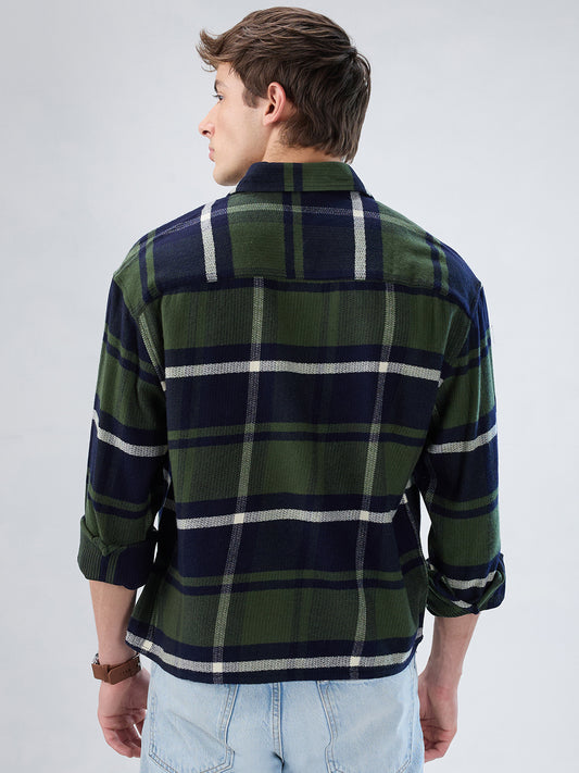 Olive & Navy Checked Boxy Fit Crop Flannel Shirt