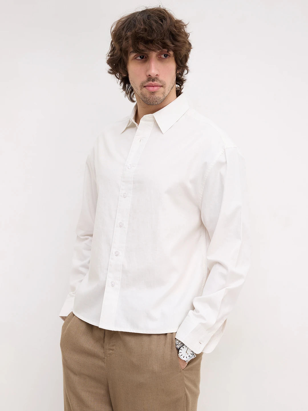 Pure White Herringbone Textured Boxy Fit Crop Shirt