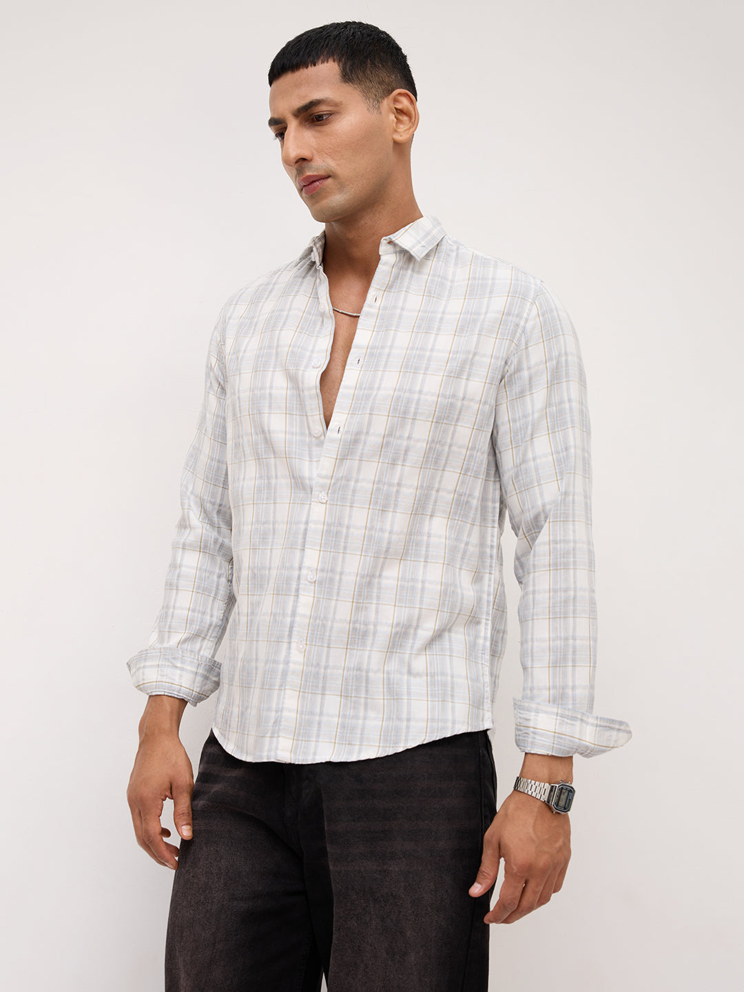 Elegant Grey & Ivory Plaid Checks Shirt