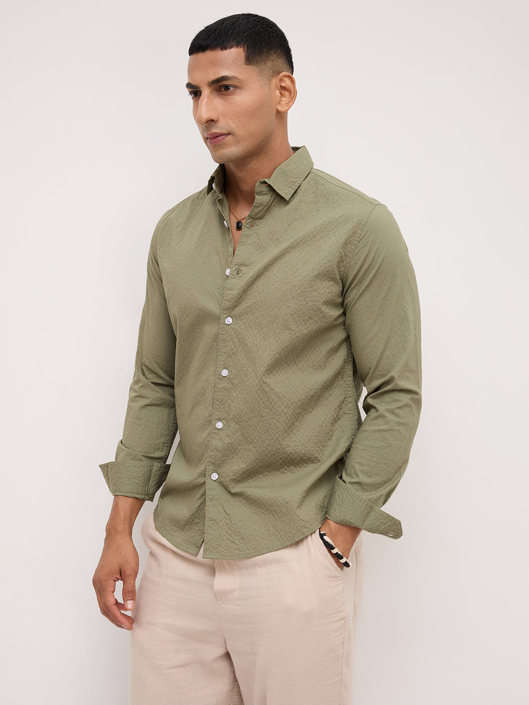 Artichoke Green Minimal Textured Shirt
