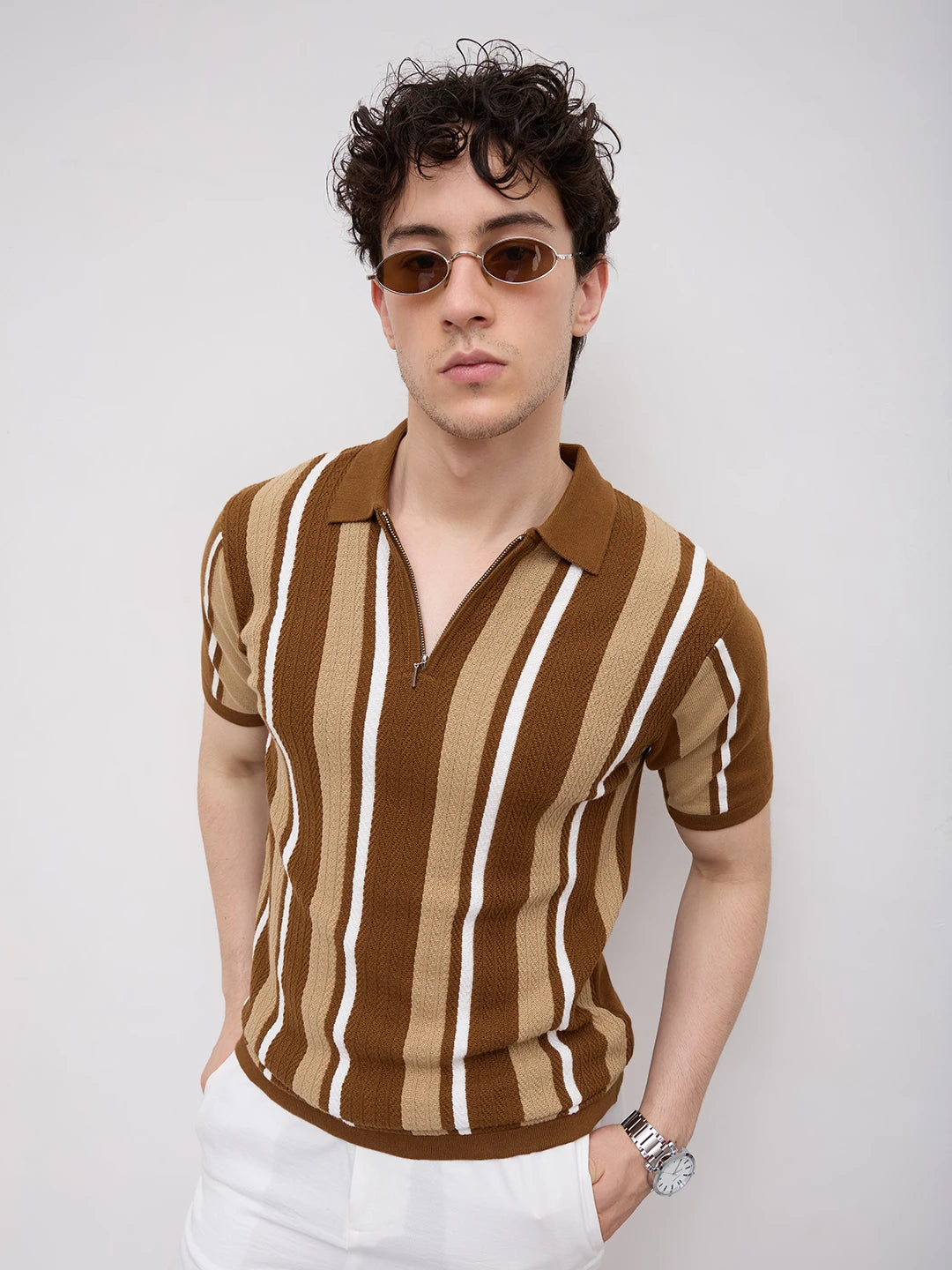 Retro Riviera Vertical Flat Knit Polo T-Shirt
