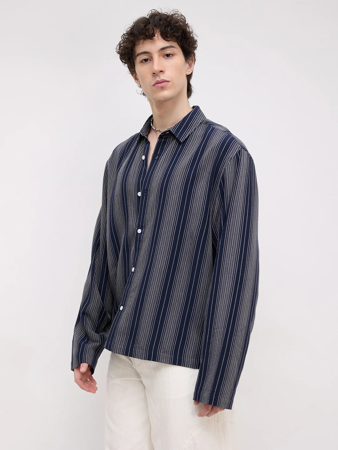 Navy Coastal Night Cuffless Oversized Shirt