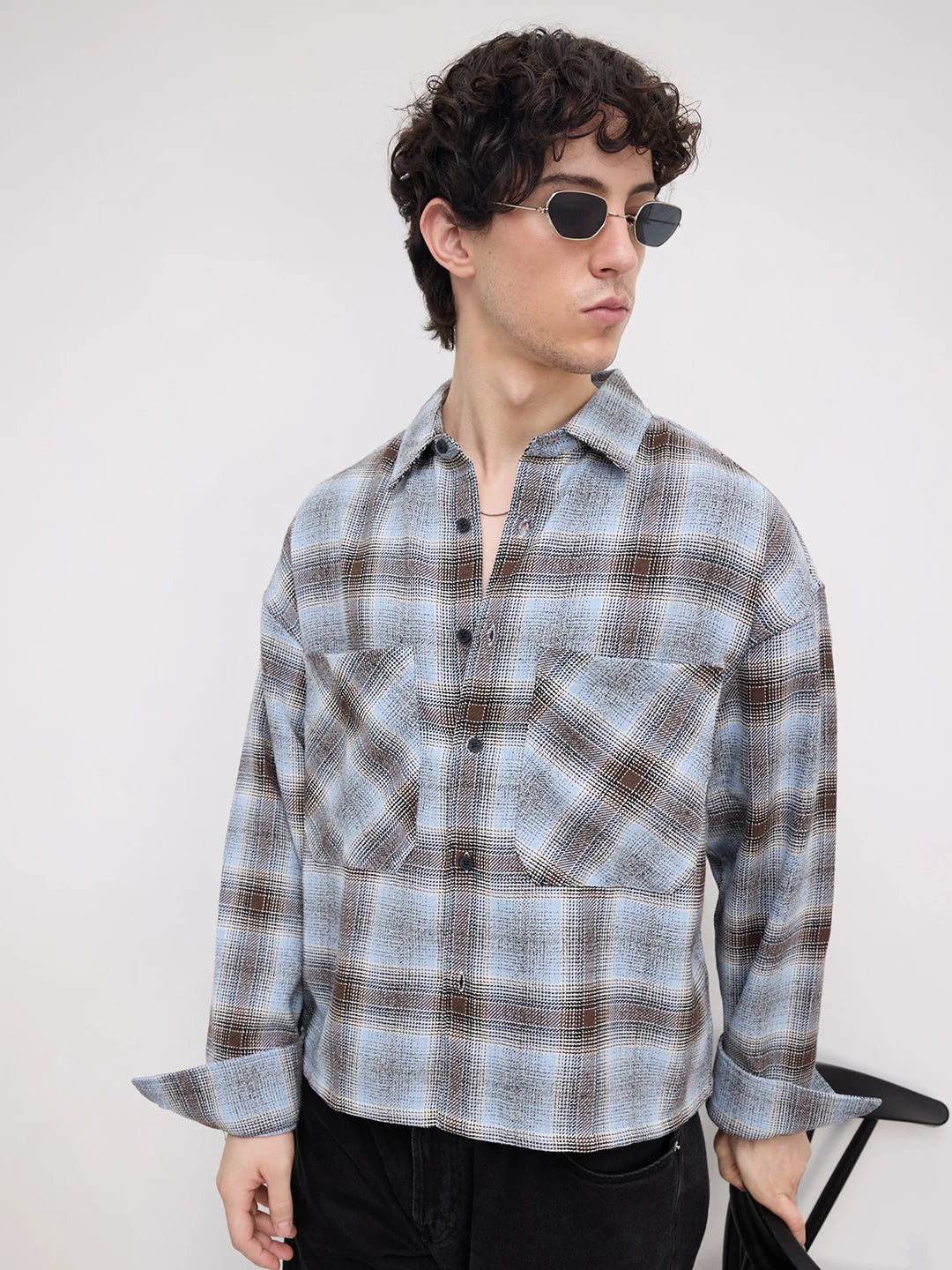 Sky Blue & Brown Flannel Plaid Checks Twin Pocket Crop Shirt