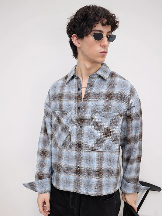 Sky Blue & Brown Flannel Plaid Checks Twin Pocket Crop Shirt