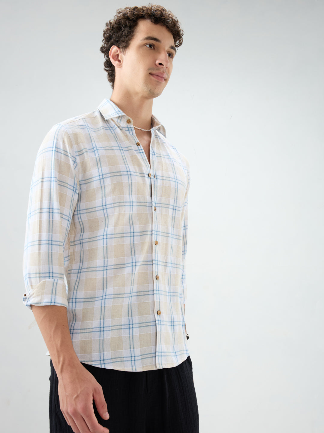Soft Sand Contrast Windowpane Checks Linen Blend Shirt