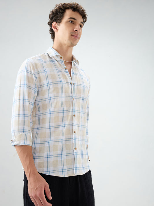 Soft Sand Contrast Windowpane Checks Linen Blend Shirt