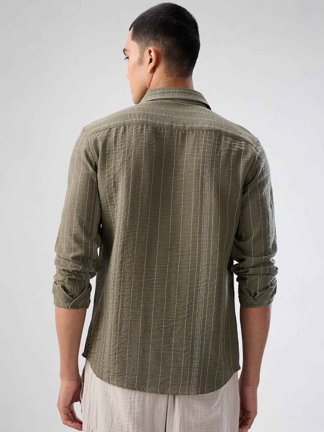 Olive Striped Crinkled Shirt