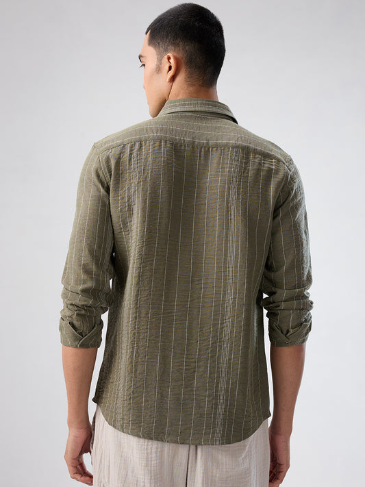 Olive Striped Crinkled Shirt