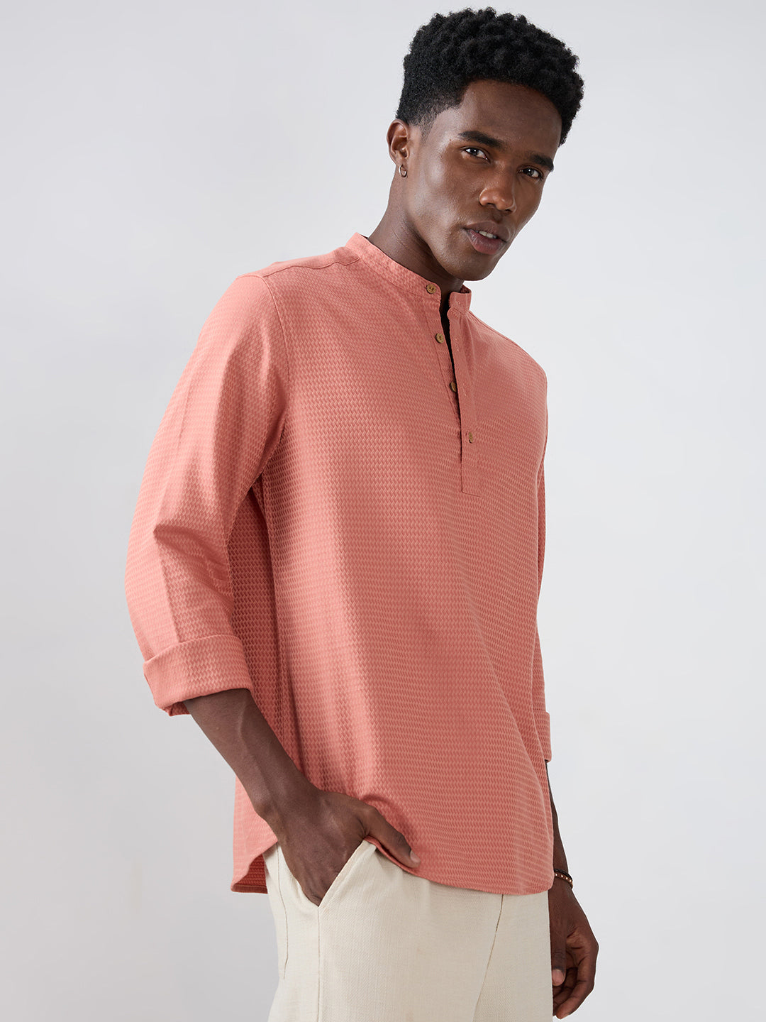 Creamy Peach Wavy Textured Kurta