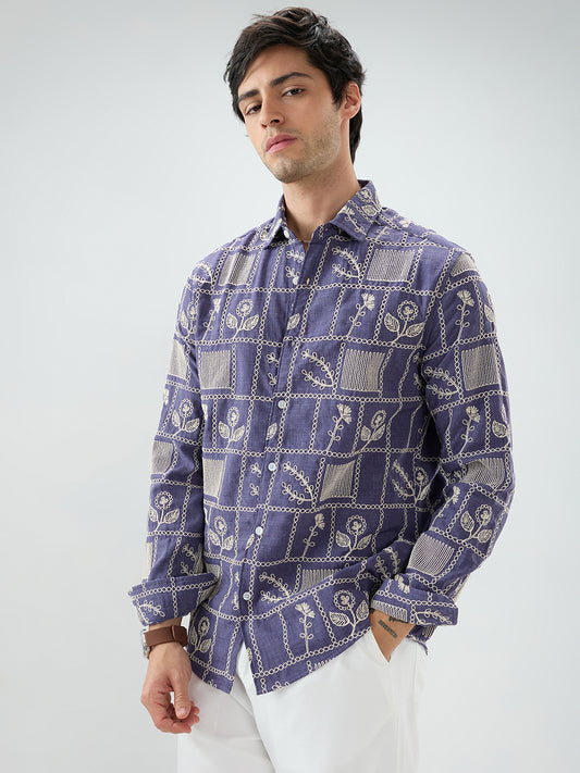 Indigo Frame Floral Contrast Embroidered Shirt