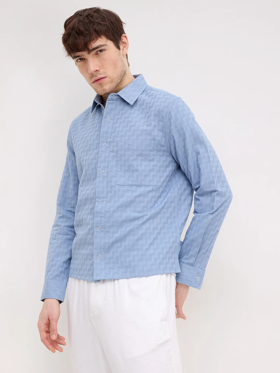 Elevated Blue Maze Textured Straight Hem Crop Shirt