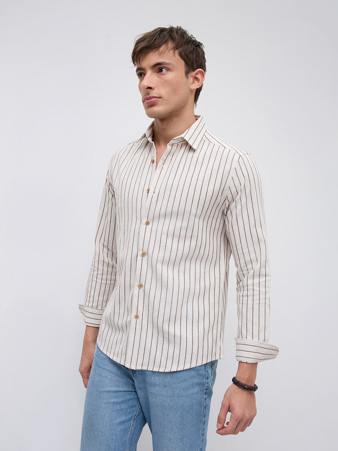 Ivory & Coffee Brown Saddle Weave Contrast Stripe Shirt