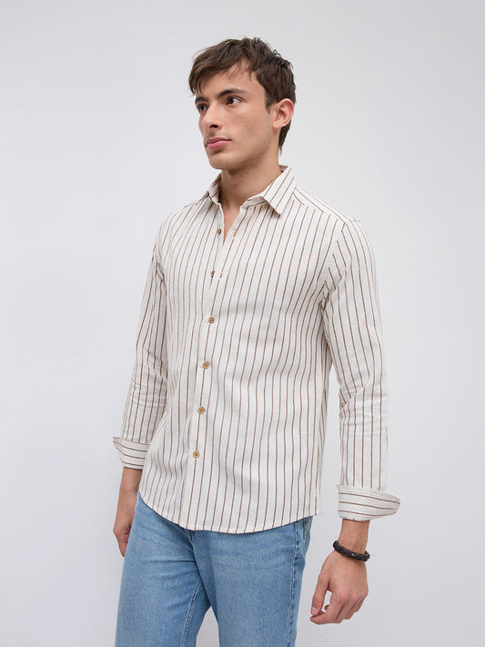 Ivory & Coffee Brown Saddle Weave Contrast Stripe Shirt