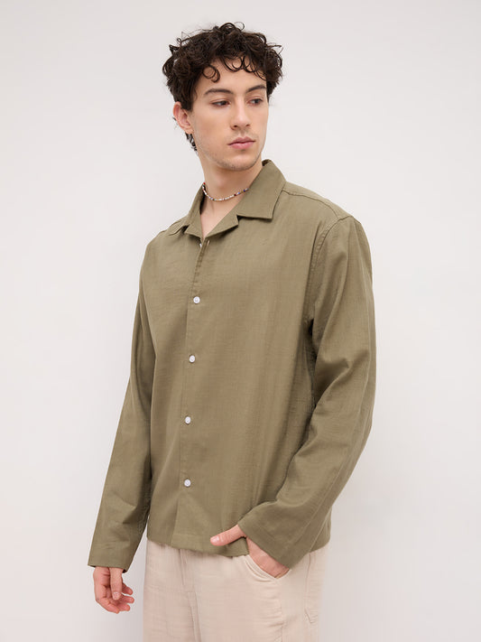 Olive Green Notch Collar Oversized Shirt