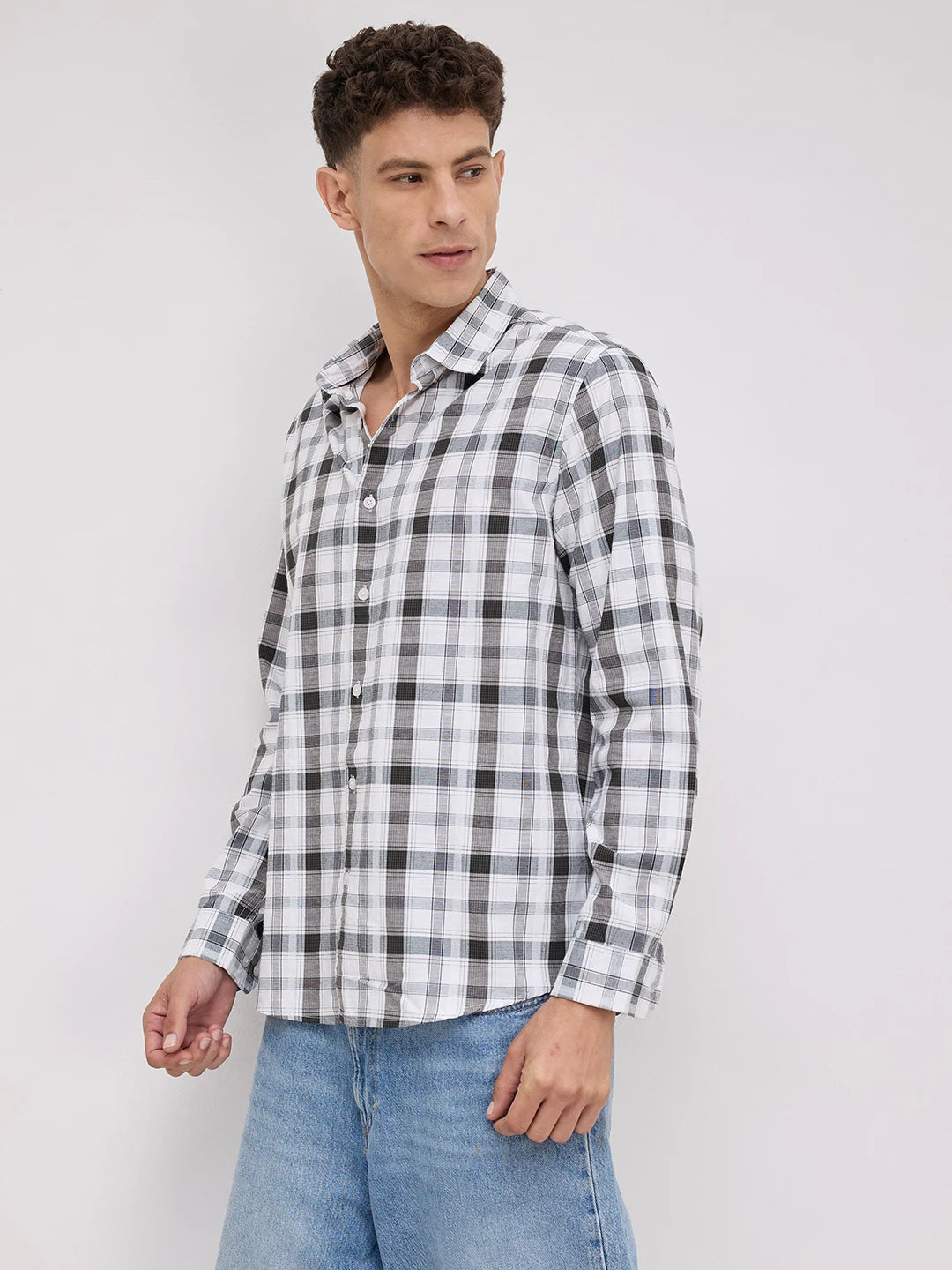 Premium White & Grey Plaid Checks Textured Shirt
