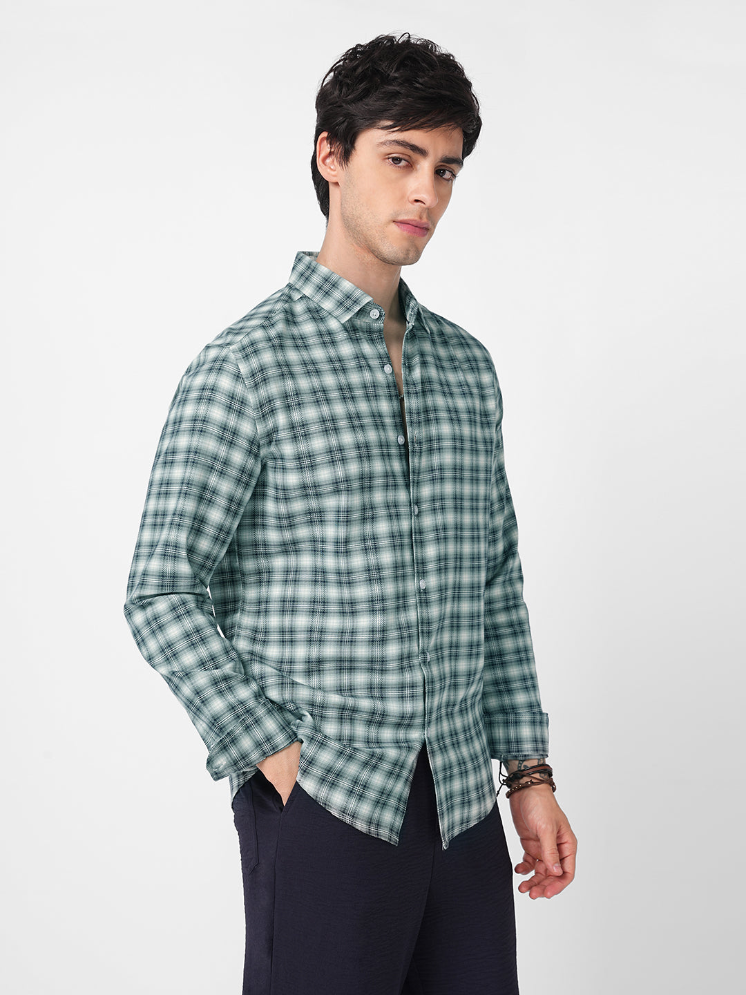 Green & Navy Refined Crossweave Checked Shirt