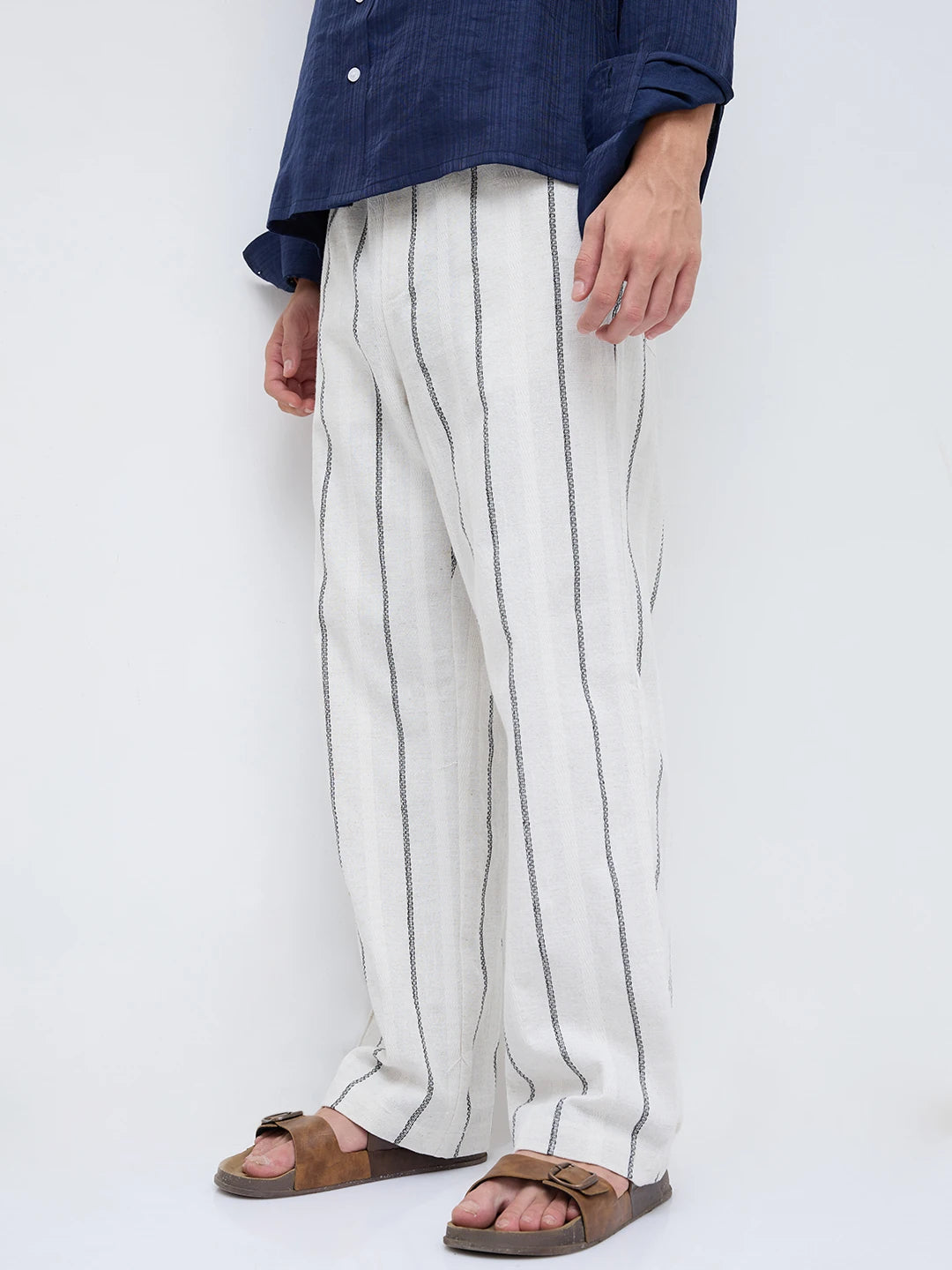 Artisan Off-White Wavy Striped Straight Fit Trousers