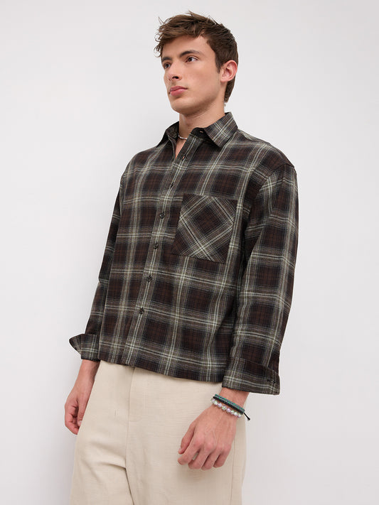 Brown & Mint Green Contrast Fine Checks Boxy Fit Crop Shirt