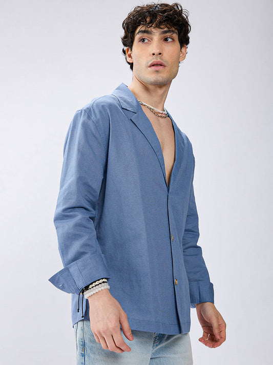Steel Blue Linen Blend Lapel Collar Oversized Shirt