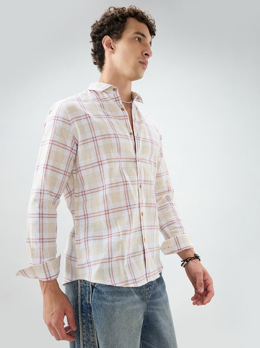 Sand Beige Windowpane Checks Linen Blend Shirt