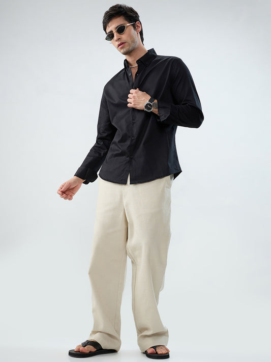 Beige Slub Textured Straight-Fit Trousers