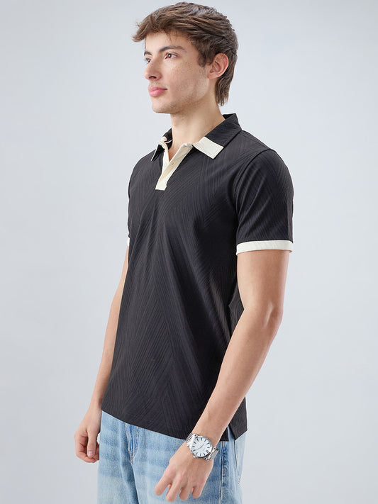 Black Chevron Contrast Polo Neck Knit T-shirt