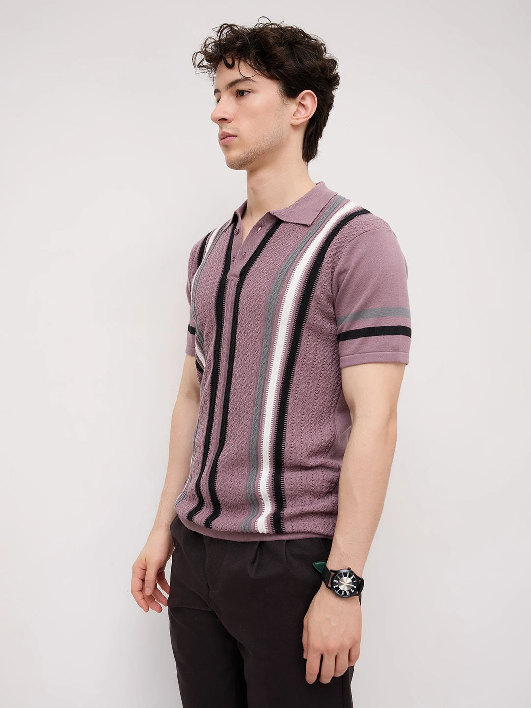 Mauve Ladder Striped Zip Flat Knit Polo T-Shirt
