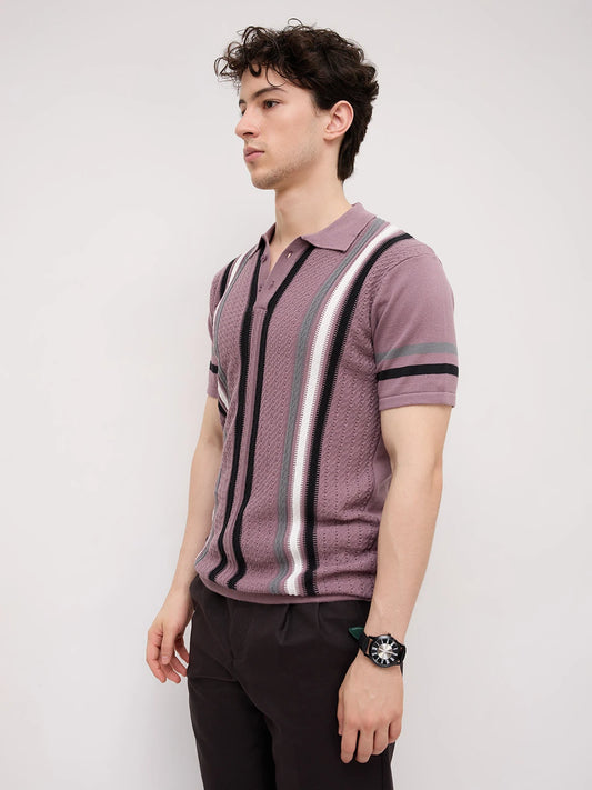 Mauve Ladder Striped Zip Flat Knit Polo T-Shirt
