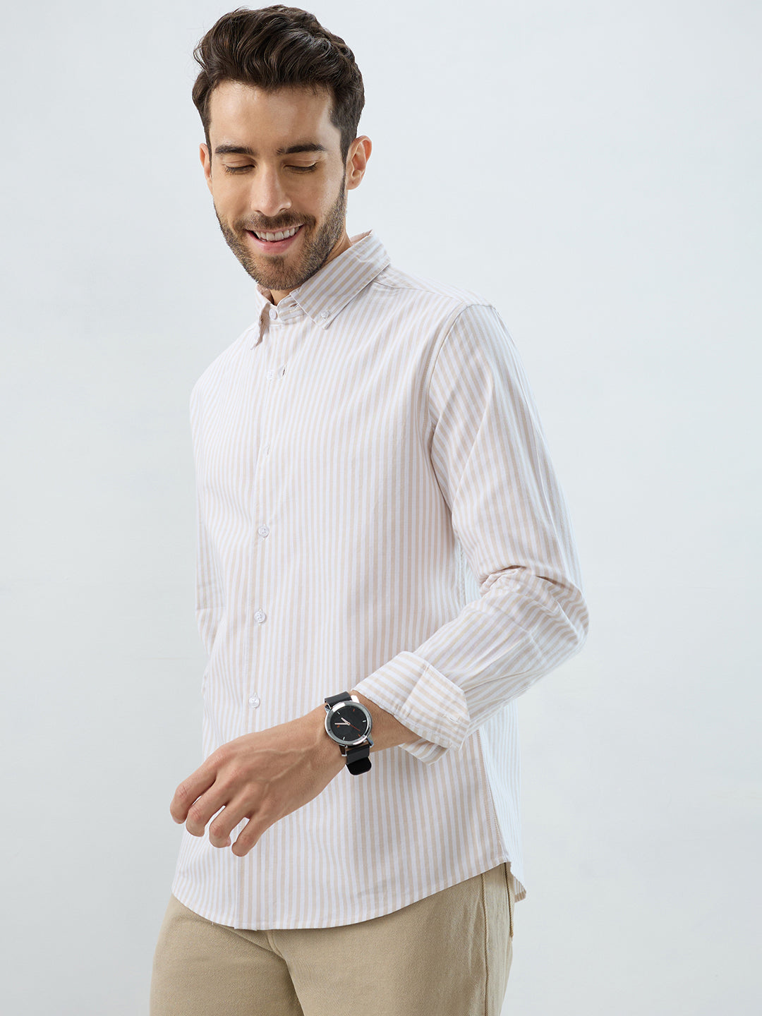 Natural Beige Candy Striped Oxford Button-Down Business Shirt