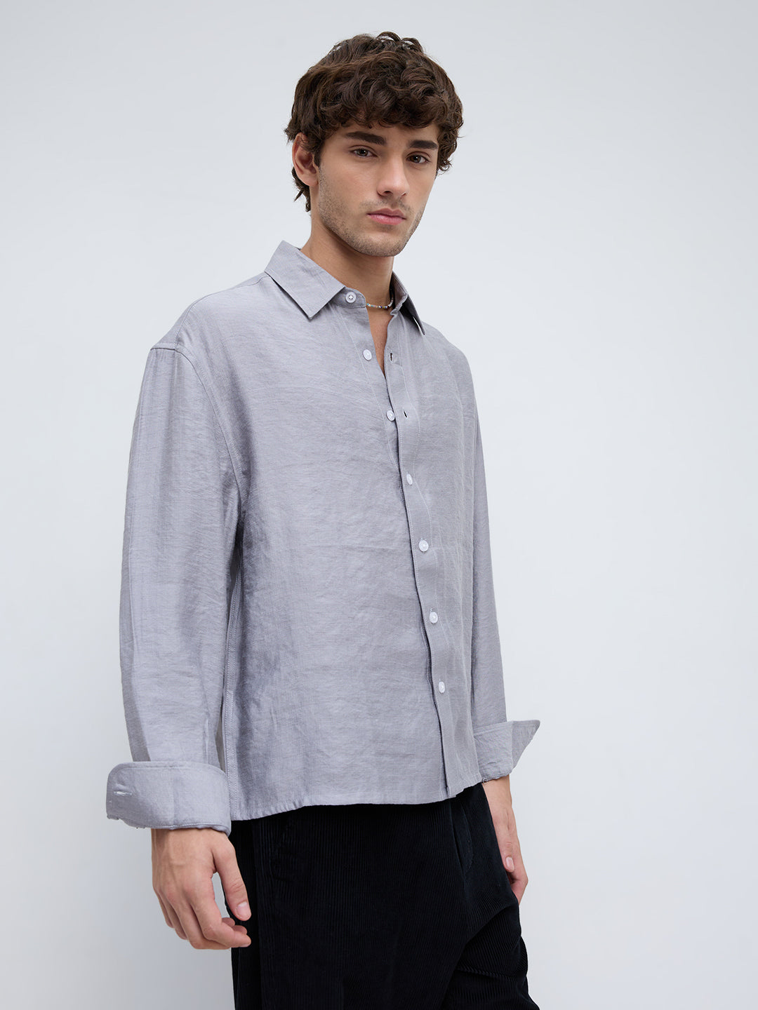 Ash Grey Crinkled Boxy Fit Crop Shirt