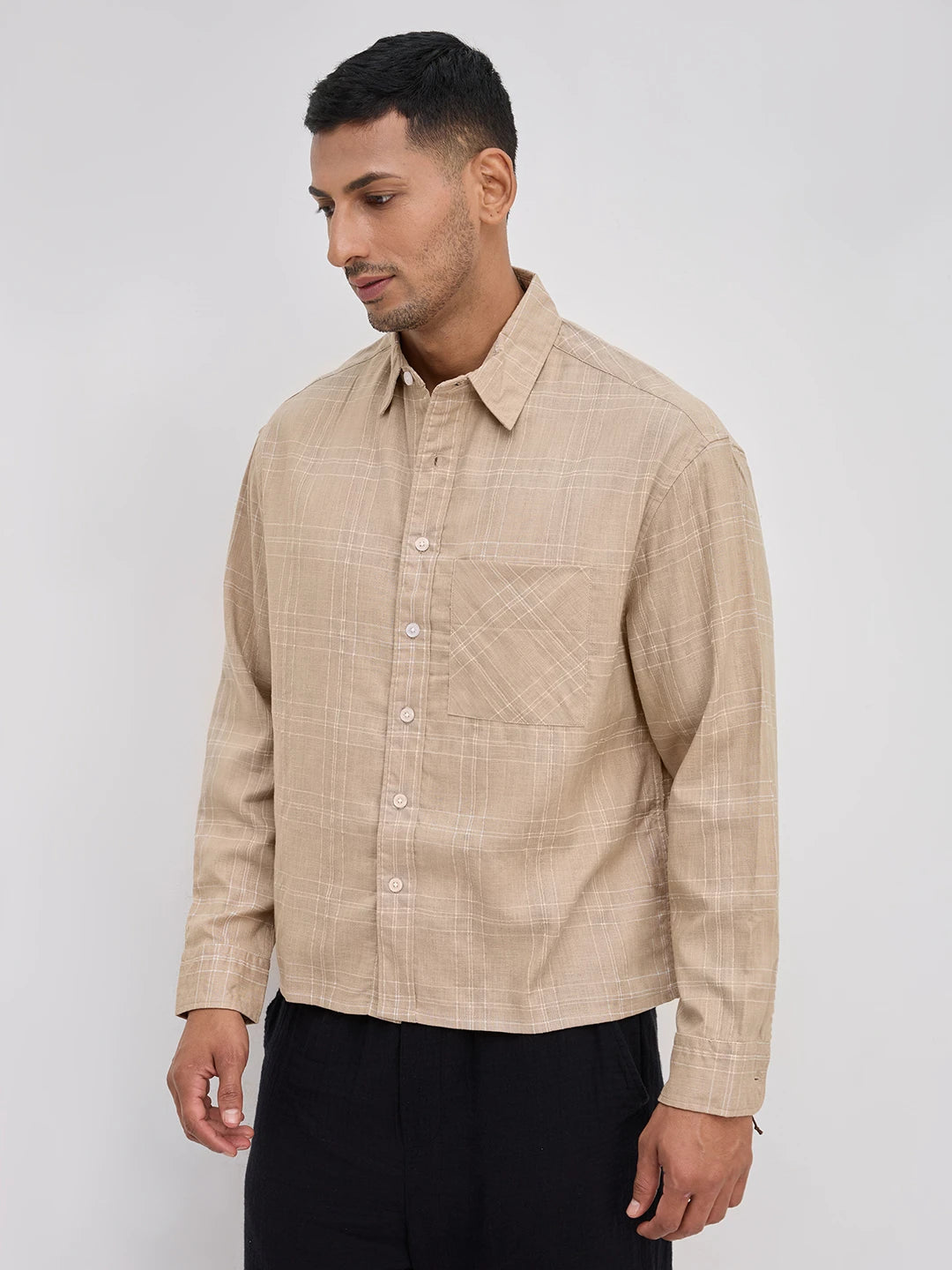Sand Beige Windowpane Check Boxy Fit Crop Shirt