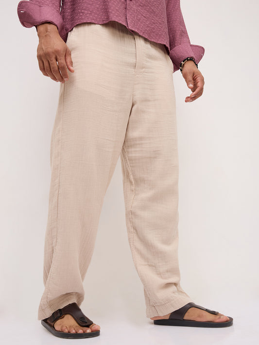 Warm Beige Double Cloth Straight Fit Trousers