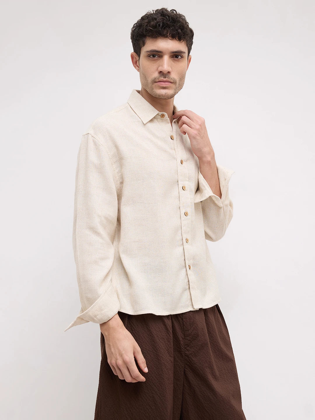 Sunbaked Canvas Loom Textured Boxy Fit Crop Shirt