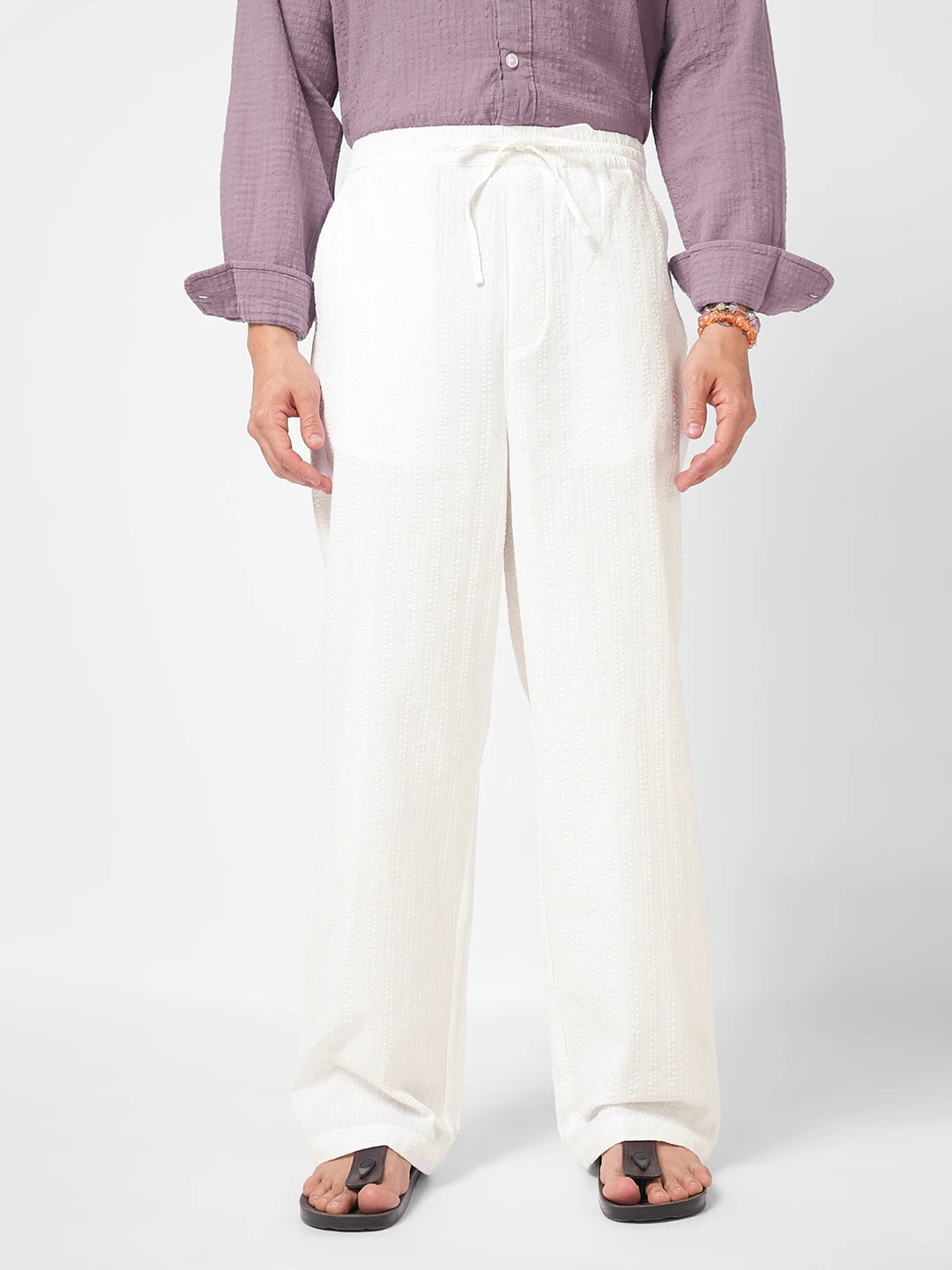 Elite White Seersucker Striped Straight Fit Trousers
