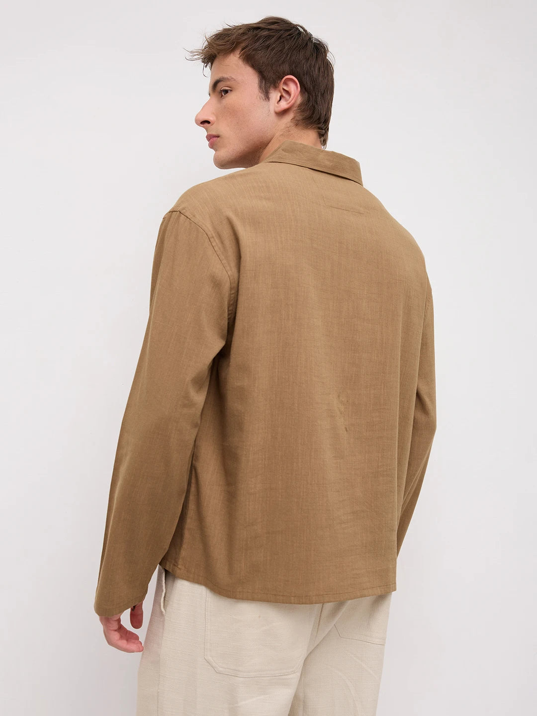 Khaki Slub Textured Center Seam Oversized Polo Shirt