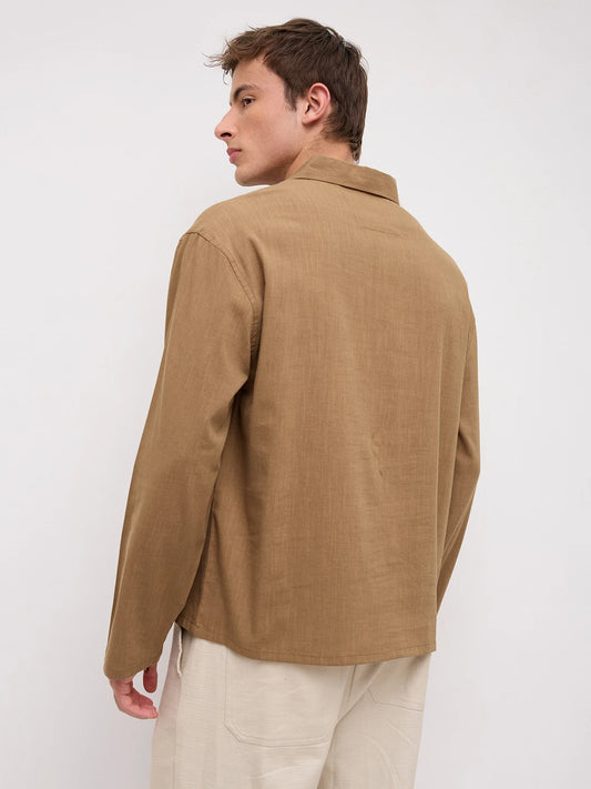 Khaki Slub Textured Center Seam Oversized Polo Shirt