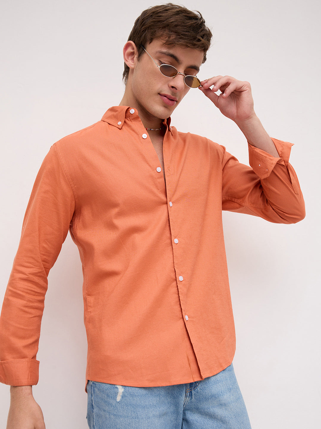 Firey Orange Oxford Linen Blend Button-Down Collar Shirt