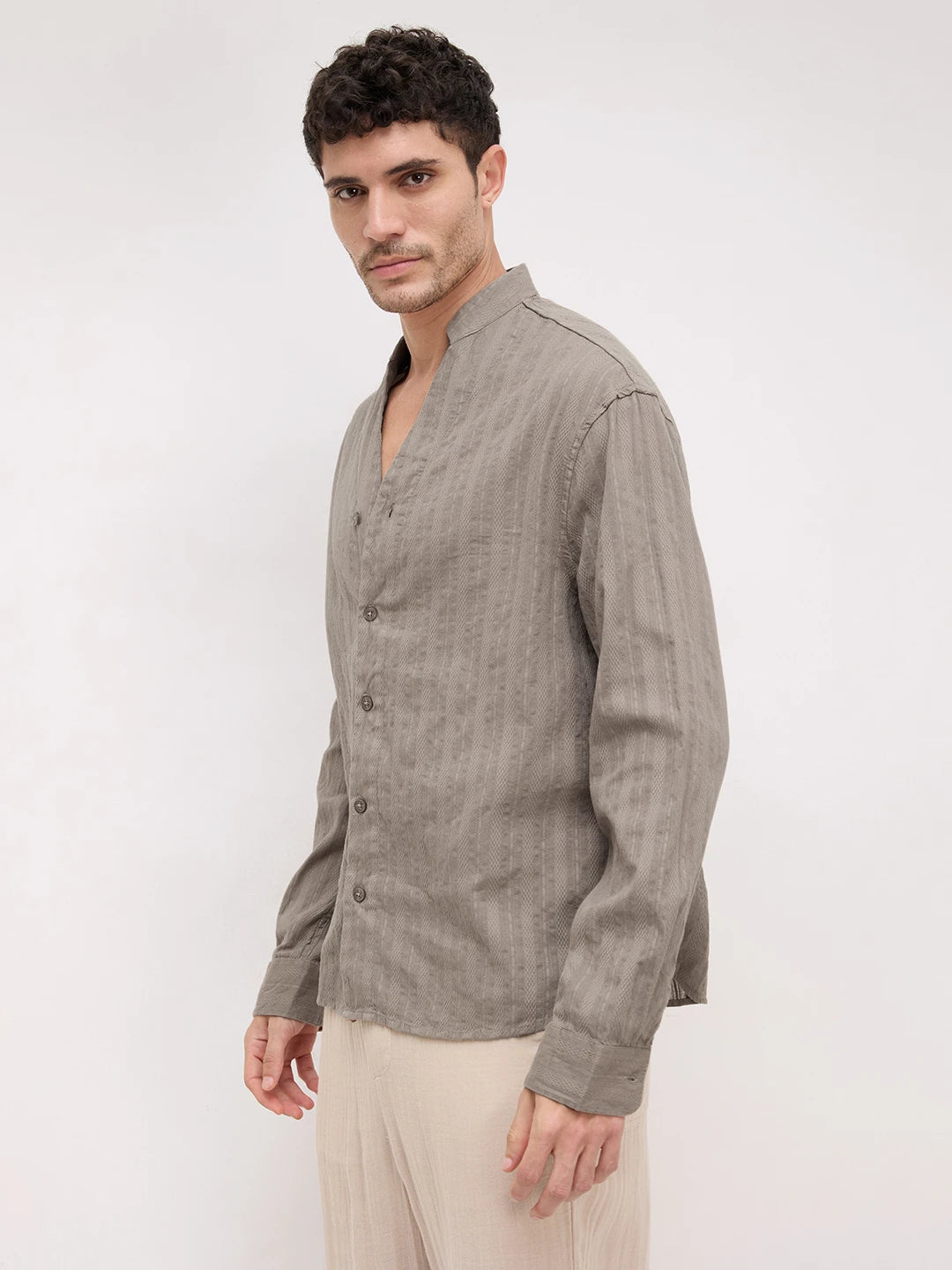 Detailed Olive Striped Stand Collar Oversized Shirt