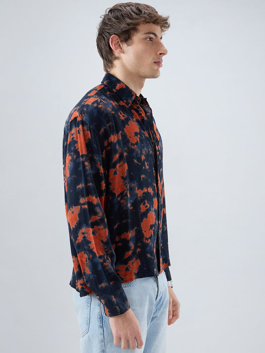 Burnt Orange Tie-Dye Printed Boxy Fit Crop Shirt