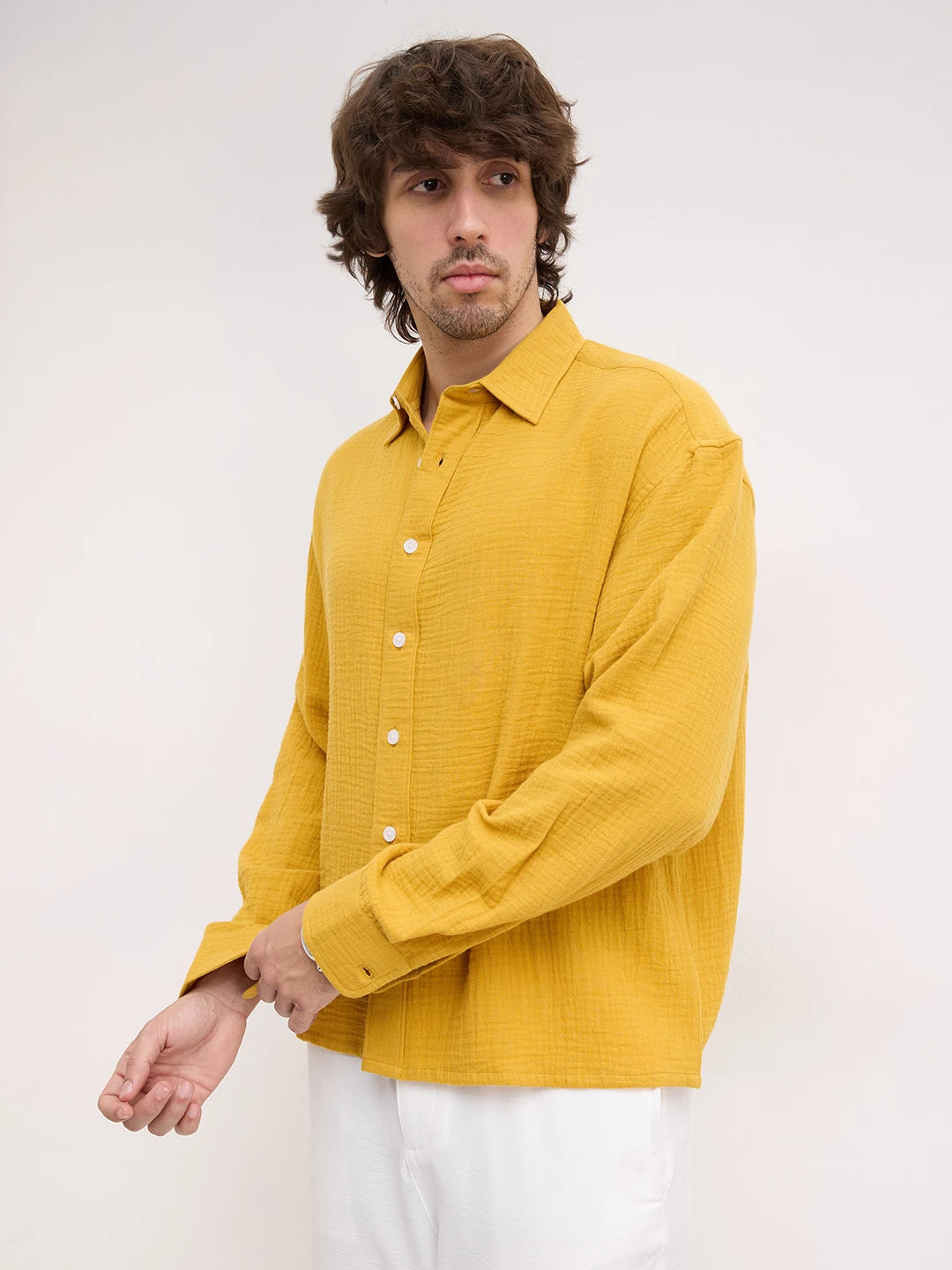 Radiant Gold Double Cloth Boxy Fit Crop Shirt