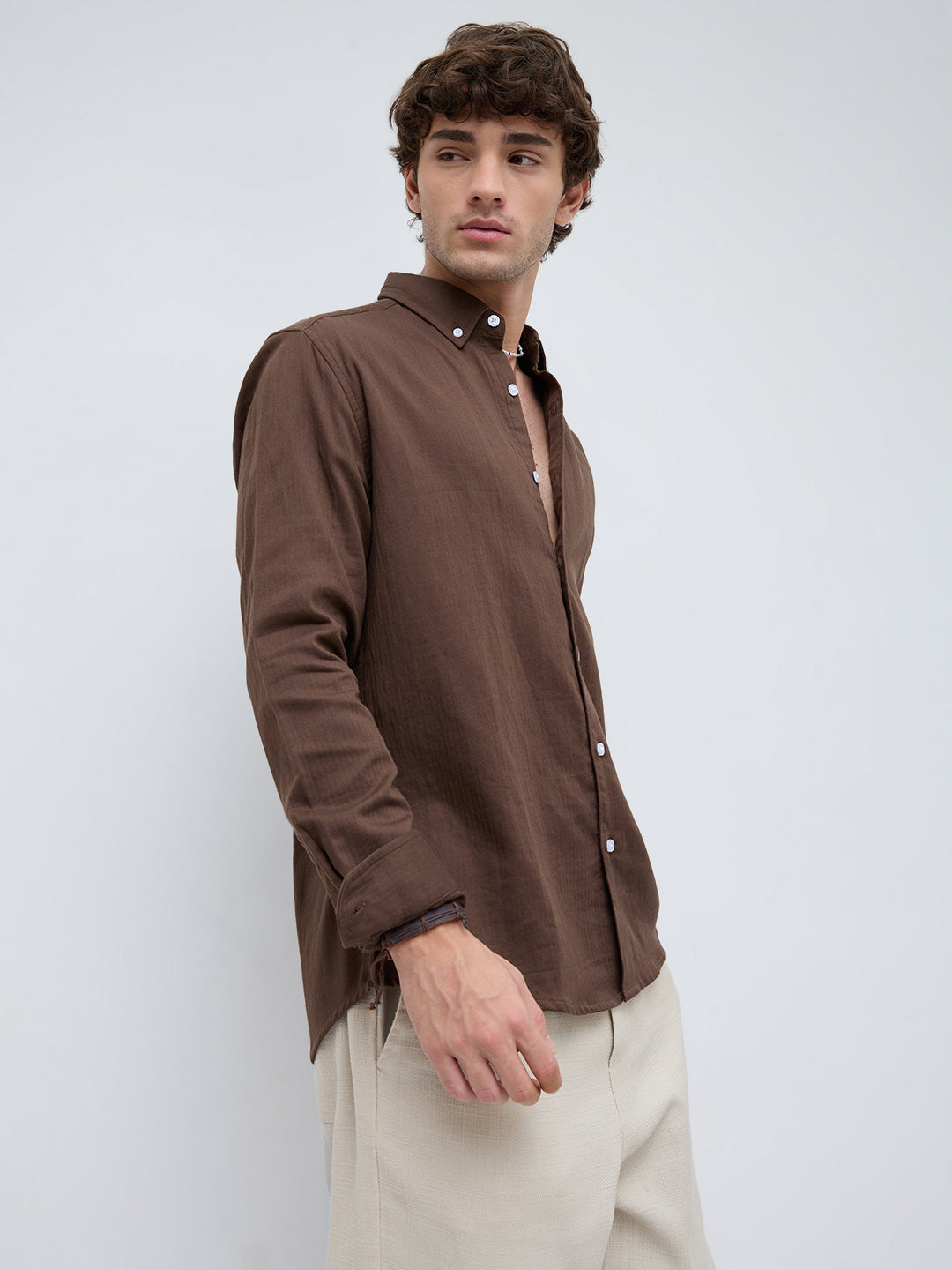 Coffee Brown Herringbone Textured Button-Down Shirt