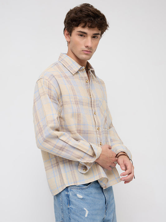 Pastel Dune Soft Plaid Checks Boxy Fit Crop Shirt