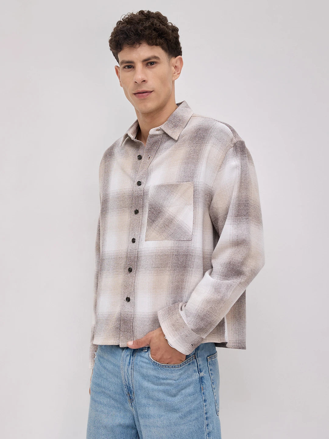 Beige Plaid Checks Boxy Fit Crop Shirt