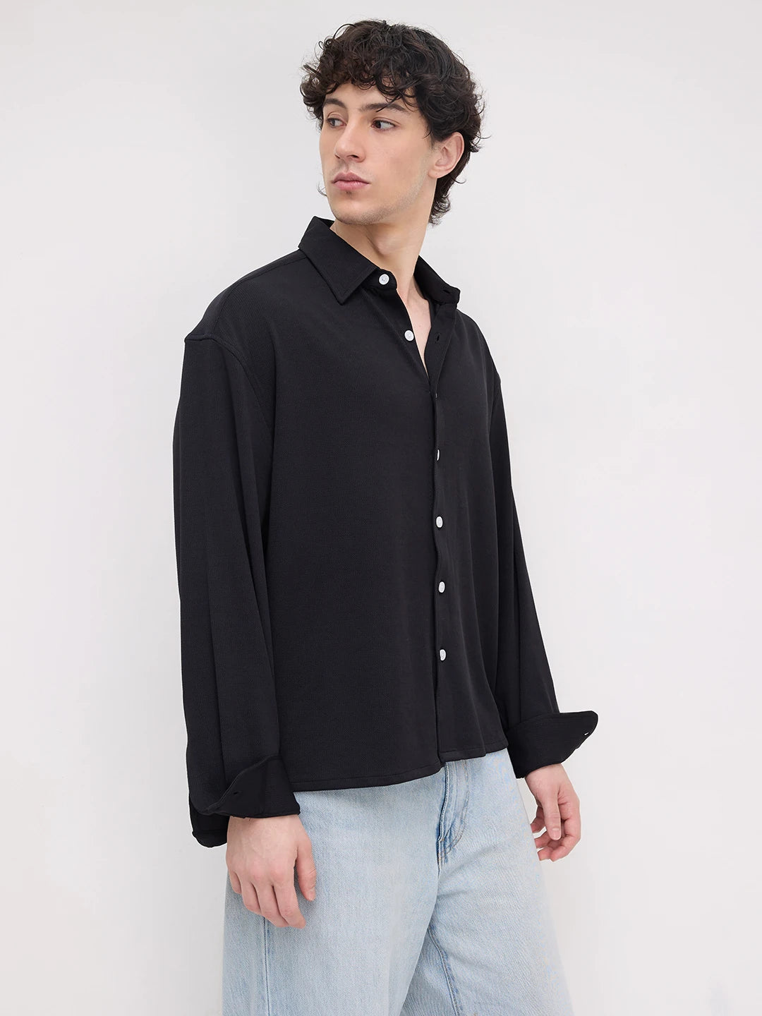 Rich Black Fine Textured Knitted Boxy Fit Crop Shirt