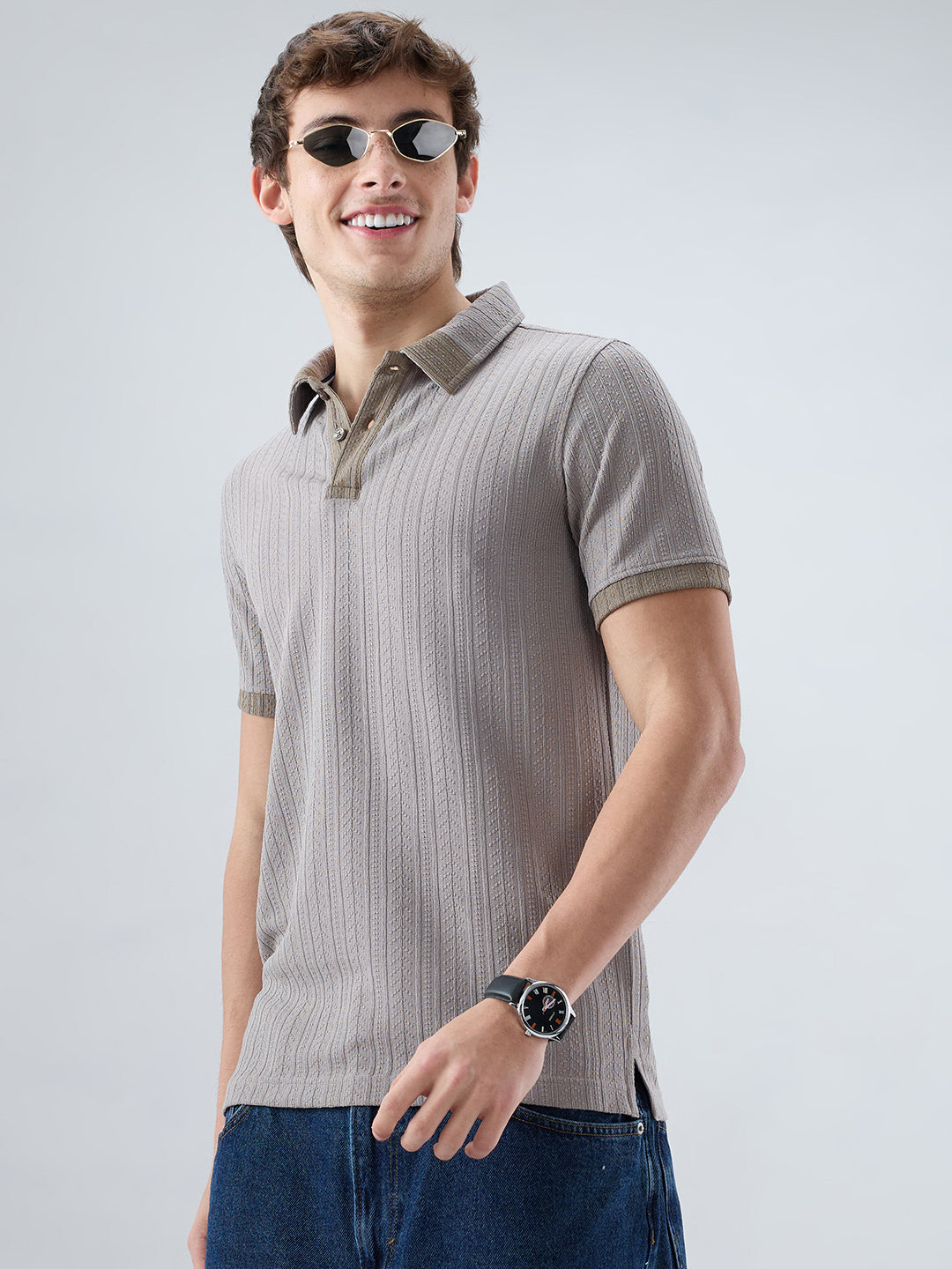 Ash Grey Ribbed Polo Neck Knit T-shirt