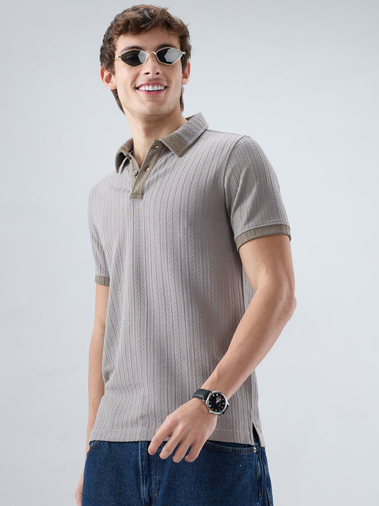 Ash Grey Ribbed Polo Neck Knit T-shirt